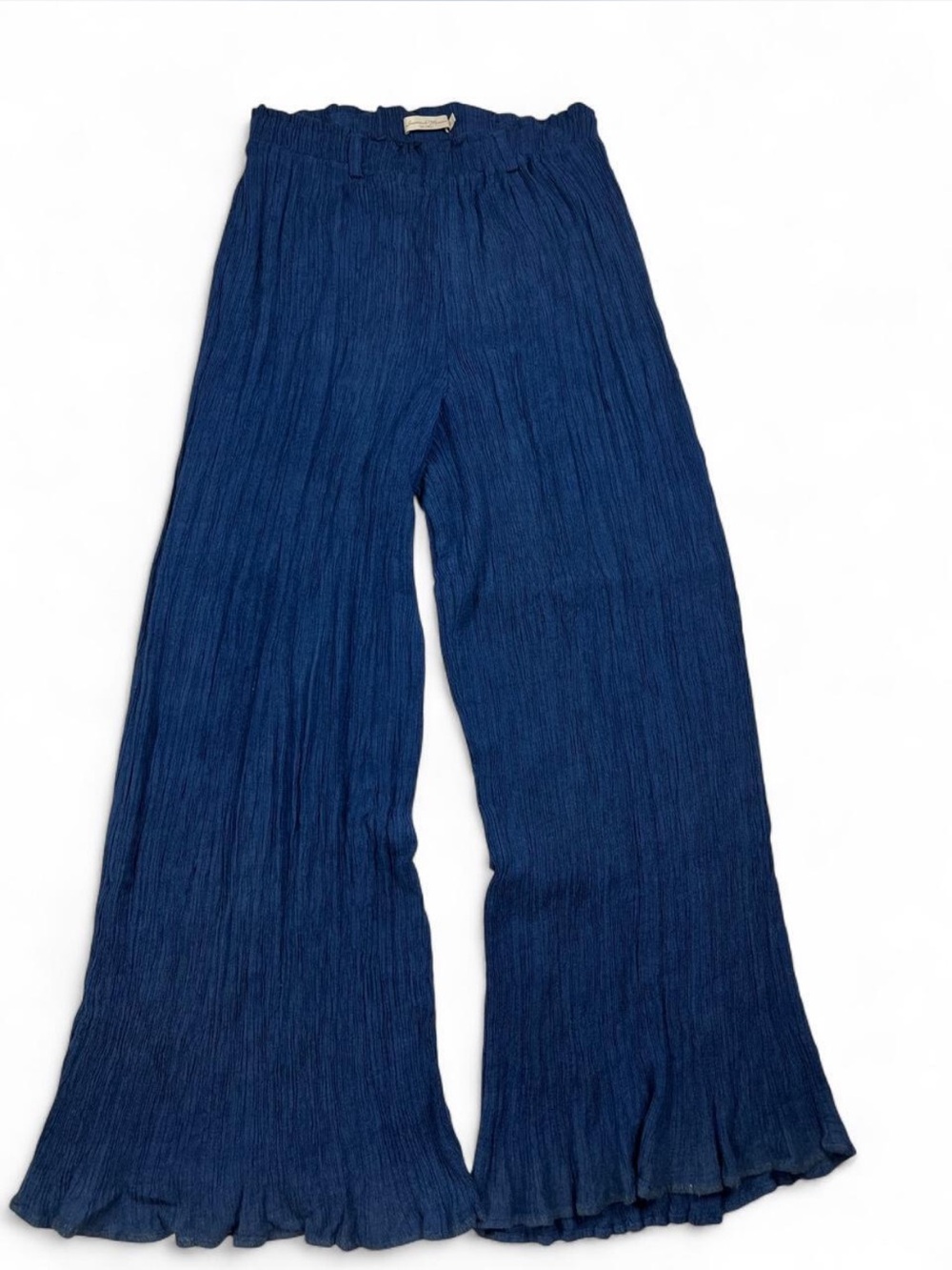 Savannah Morrow Navy Silk Hemp Bamboo Crinkled Wide-Leg Pants Boho Chi Coastal